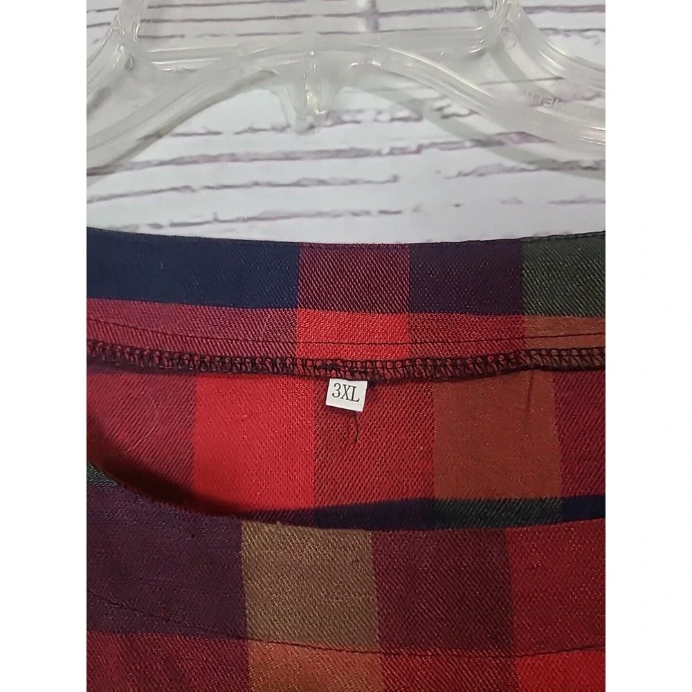 SHEIN Red Navy Blue Plaid Pocket Roll Tab Sleeve Shift Dress Womans Size 3XL - Picture 3 of 6
